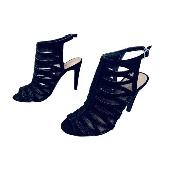 Cathy Jean Strappy Black Heel Stiletto Shoe Velvety See-through Open Toe sz 6 - Picture 1 of 11